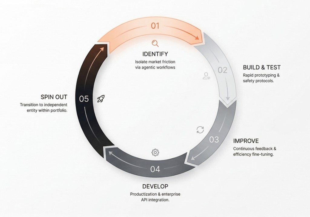 Lifecycle diagram: five steps in a circle — Identify, Build and Test, Improve, Develop, Spin out — from experiment to company.
