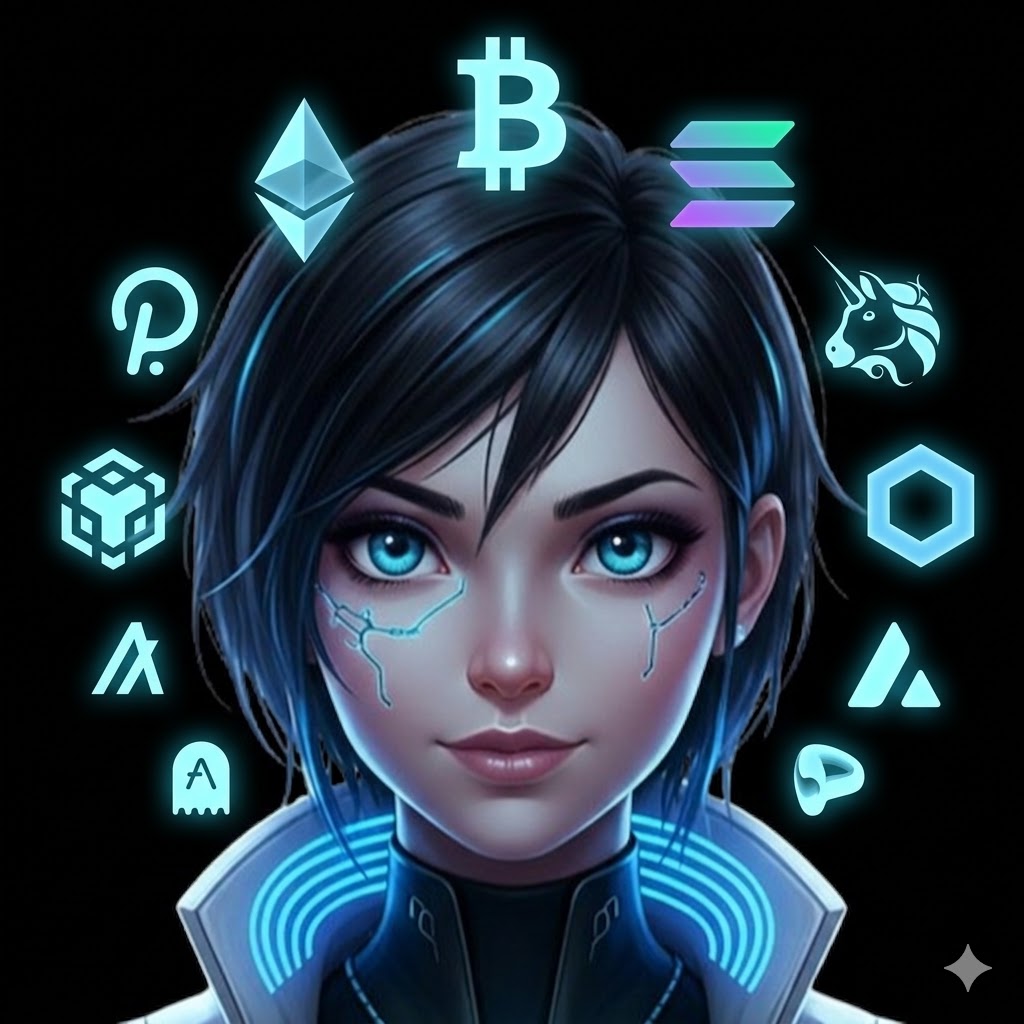 Futuristic DeFi Agent avatar with glowing blue cybernetic markings surrounded by a halo of cryptocurrency logos.