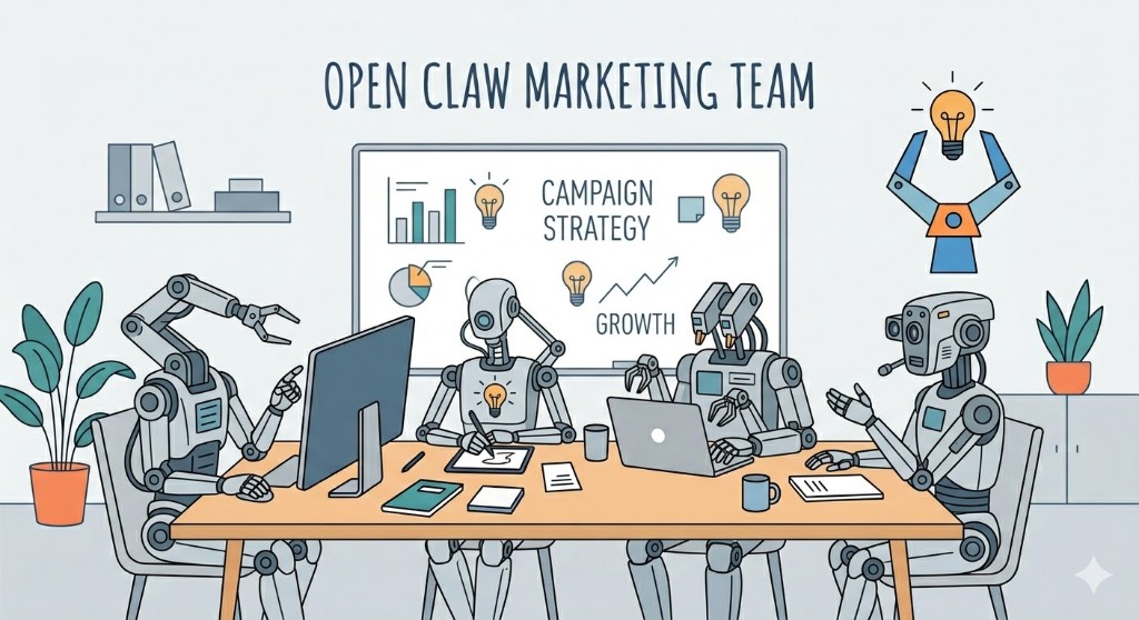 Open Claw Marketing Team illustration: robots collaborating around a conference table with campaign strategy whiteboard and claw logo.